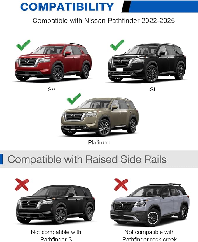 Roof Rack Cross Bars 220lbs Compatible with Nissan Pathfinder 2022 2023 2024 2025 SV SL Platinum with Raised Side Rails,Heavy Duty All-Metal Aluminum Roof Rails Crossbars Cargo Canoe