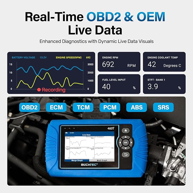 BLCKTEC 460T OBD2 Scanner Car Code Reader Engine ABS SRS Transmission Diagnostic Tool, 12 Reset Services, Oil/TPMS/EPB/BMS/SAS/DPF/Throttle Reset, ABS Bleeding, Battery Test, Auto VIN, Free Update