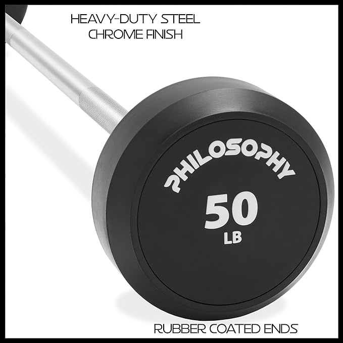 Philosophy Gym Rubber Fixed Barbell, Pre-Loaded Weight Straight Bar for Strength Training & Weightlifting