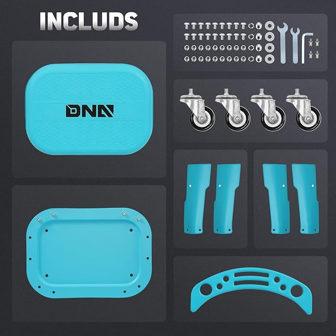 DNA Motoring Removable Rolling Garage Stool with Seat Cushion & Tool Tray Plate, 300lbs Max Weight Capacity, Blue, TOOLS-00479