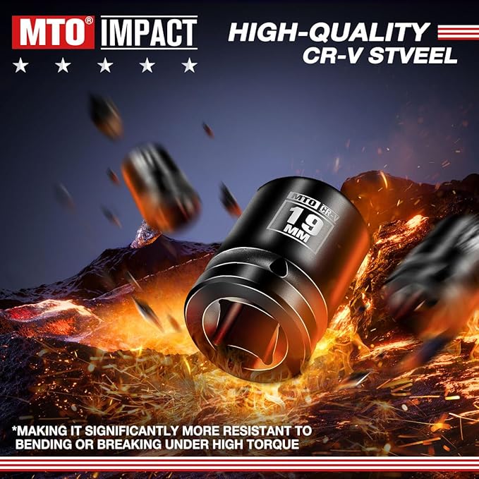MTO 1/2" Drive 19mm Shallow Impact Socket, 6-Point Metric Socket for Automotive Maintaince, CR-V Steel Meets ANSI Standards