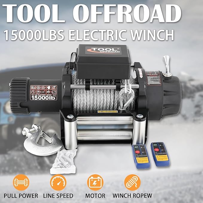 12V 15000LBS Electric Winch Steel Rope Electric Winch for Towing ATV/UTV Off Road with Mounting Bracket Wireless Remote,Black