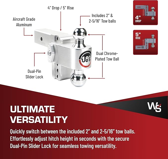 Weigh Safe Adjustable Trailer Hitch Ball Mount, 4" Adjustable Drop Hitch for 2.5" Receiver w/ 4 pc Keyed Alike Lock Set, Heavy Duty Aluminum Trailer Tow Hitch w/ Chrome Plated Tow Balls, 18,500 GTW