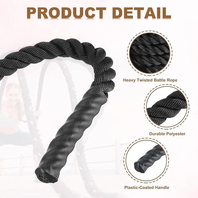 MECCANIXITY Battle Rope 40ft x 1.5 Inch Polyester Workout Rope Heavy Fitness Exercise Rope for Strength Training Home Gym Muscle Building, Black