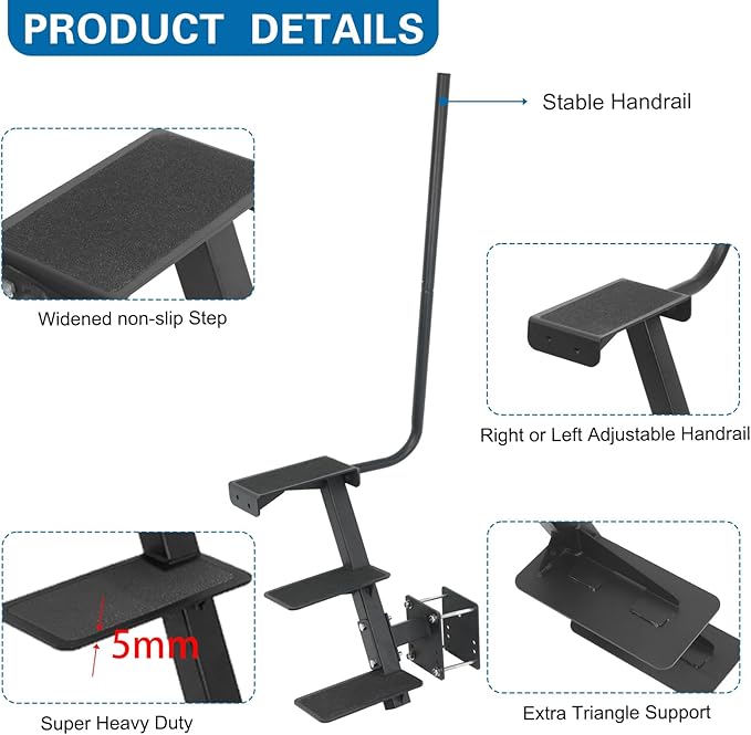 Boat Trailer Step, Heavy Duty Steel 3 Steps Ladder for Boat Trailer Tongue with Handrail, 450lbs Capacity, Black