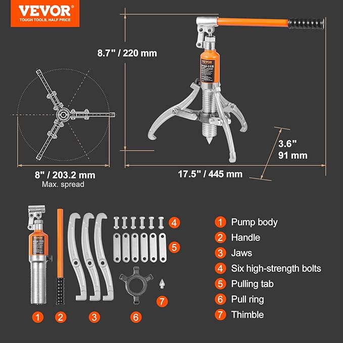 VEVOR Hydraulic Gear Puller, 5 Ton Max Capacity Wheel Bearing Pulling Separator, 2 or 3 Jaws Puller, Vertically and Horizontally, 8" Jaw Hydraulic Puller with Case for Pulling Hubs