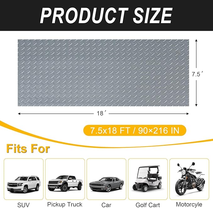 7.5x18 FT Garage Floor Mat, Flooring Roll with 20Pcs Tapes, 135 sqft Diamond Plate PVC Rubber Trailer Mat, Non-Slip Floor Mat for Garage, Warehouse, Gyms, Trailer, Pickup Truck (Grey)