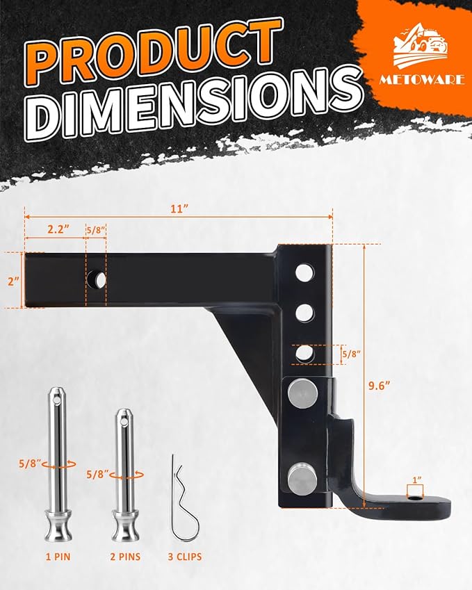 METOWARE Adjustable Trailer Hitch Ball Mount, 9-1/2" Drop and 8-1/4" Rise, Fits 2-Inch Receiver, with 1" Hitch Ball Hole, 6-Position Heavy Duty Tow Hitch with Pins