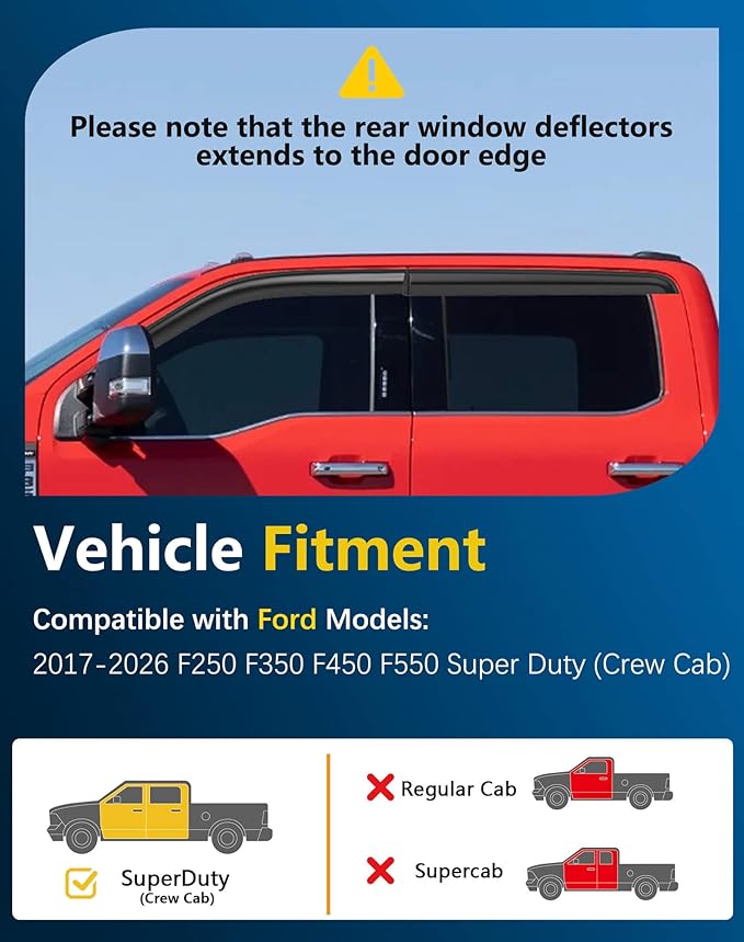 Shatterproof Tape-On Rain Guards for Ford F250 to F550 Super Duty 2017-2026 Crew Cab, Out-Channel Window Deflectors Vent Window Visors Rain Sun Wind Guards Shade Deflectors, 4 pcs