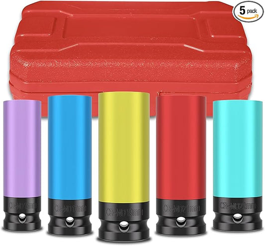 5 PCS 1/2" Drive Wheel Protector Impact Socket,Metric Size15-17-19-21-22mm,Non-Marring Lug Nut Thin Wall Deep Socket Set, CR-MO, 6 Point, Color-Coded Protective Socket