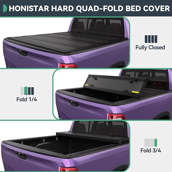Low-Profile Hard Quad-fold Tonneau Cover Fit for Dodge Ram 1500 2009-2024, Fit for Dodge Ram 2500 3500 2010-2026, Fleetside 6.4ft Bed Without Rambox