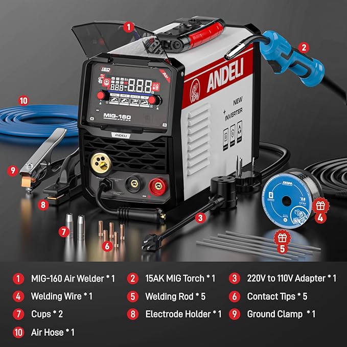 ANDELI MIG Welder, 160A 110V/220V Dual Voltage GAS MIG/FLUX MIG/LIFT TIG/STICK 4-In-1 Multiprocess MIG Welder, LED Digital Display Synergic Control,Gas Gasless MIG Welding Machine With welding rods