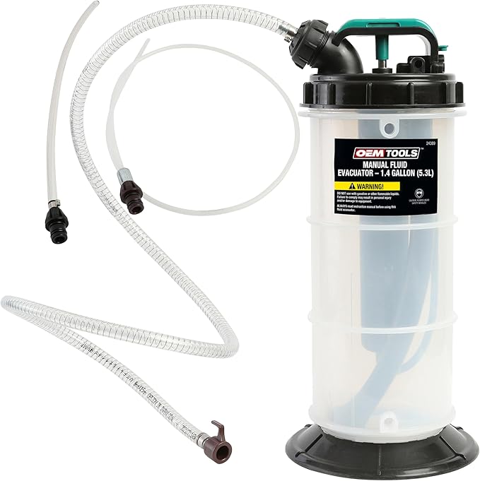 OEMTOOLS 24389 Manual Fluid Extractor Pump, 1.4 Gallon (5.3L) Oil Extractor Pump Capacity, Use for Oil, Coolant, and Transmission Fluid, 2 Dipstick Adapters, 5ft Hose