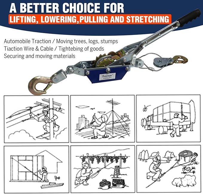 Come Along Winch - 4400 lbs/2T Pulling Capacity,12ft Steel Cable,2 Hooks,Dual Gear Power Puller,Automotive Hoist Cable Puller for Vehicle Rescue,Construction,Farm，Cable Winch Puller with Free Gloves