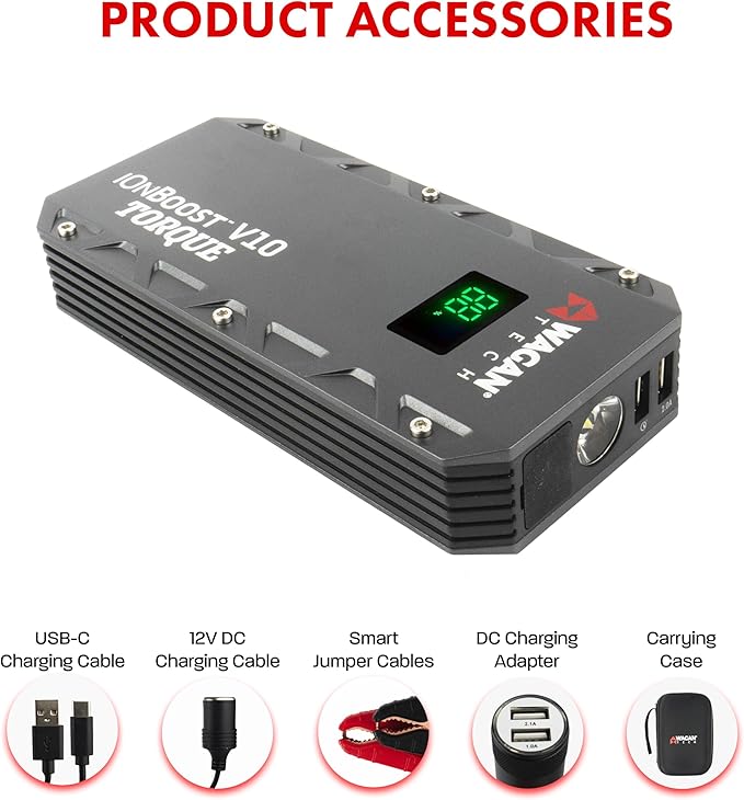 Wagan EL7507 Jump Starter iOnBoost V10 Torque 1000Amp Peak 12V Portable Lithium Car Battery Up to 7.8L V10 or 6.7L Diesel, 12V Jump Pack with Built-in LED Bright Light, UL Certified