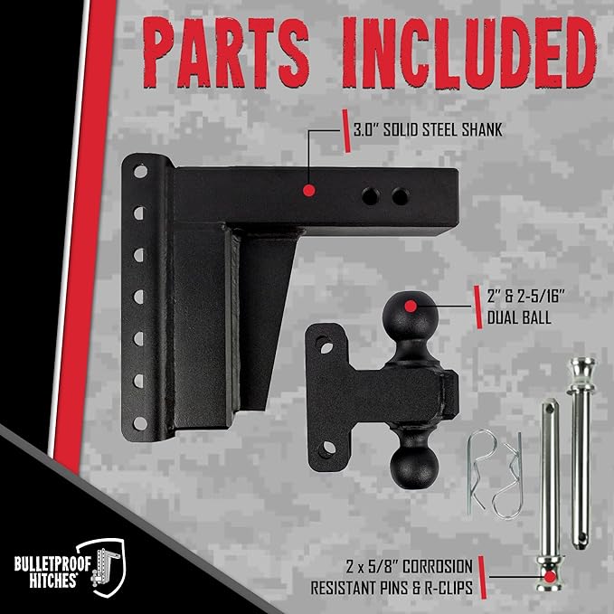BulletProof Hitches - 3.0" Adjustable Extreme Duty Trailer Hitch (36,000 lb. Rating) - 8" Drop/Rise with 2" and 2 5/16" Dual Ball - Powder Coat, Solid Steel, Corrosion-Resistant
