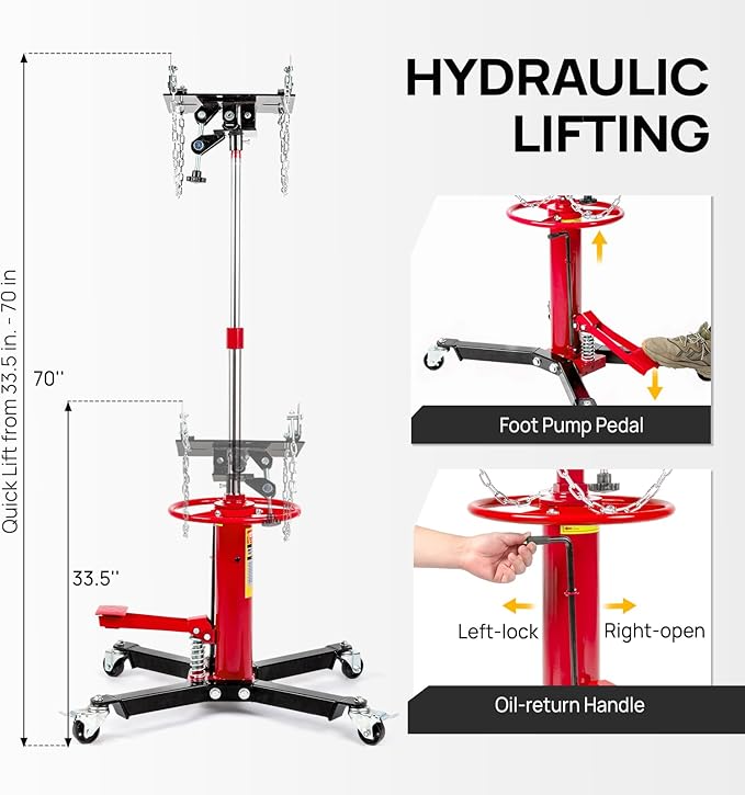 TUFFIOM Transmission Jack, 1100 lbs 1/2Ton Hydraulic 2-Stage High Lift Vertical Telescoping Floor Jack Stand, 34" to 68" Lifting Range, w/Pedal, 360° Swivel Wheels, Garage/Shop Lift Hoist, Red