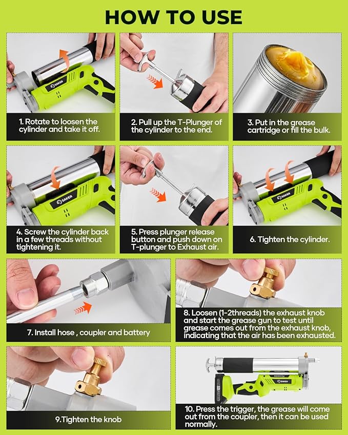 Saker Professional 12,000 PSI Cordless Grease Gun Kit - 2 * 2.0Ah Battery Powered Electric Grease Gun with 5.5 oz/min High Flow, LED Light & Flexible Hose for Automotive, Truck