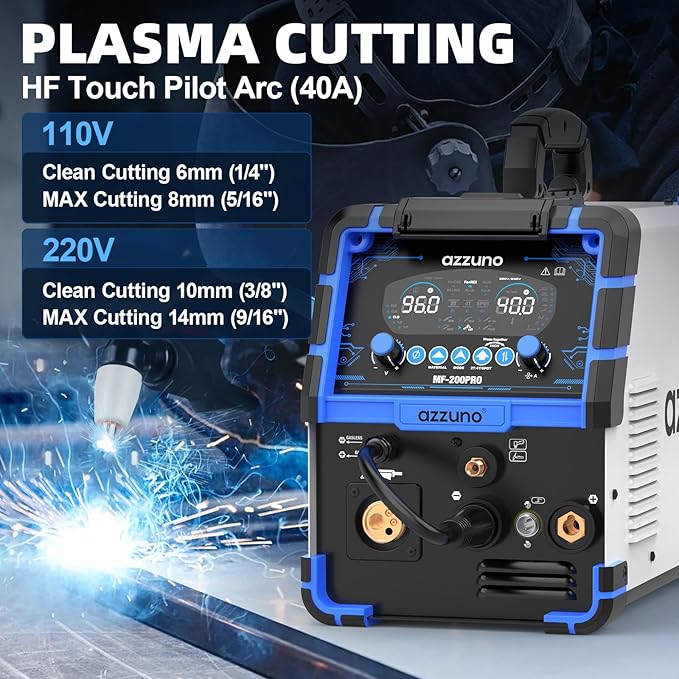 AZZUNO Plasma Cutter Welder Combo 200A, Gas MIG/PULSE MIG/MAG/Flux Gasless MIG/HF TIG/Stick/CUT/SPOT MIG 8 in 1 Multiprocess Welder Machine, 110/220V Dual Voltage Aluminum Welding Machine