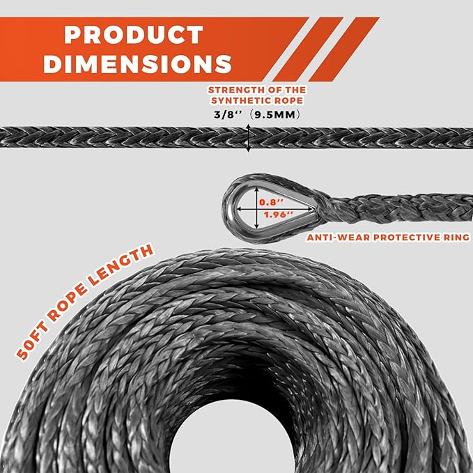Winch Rope Extension, 3/8'' x 50ft 27,000Lbs Synthetic Winch Extension Rope, Winch Extension Line for Off Road Vehicle ATV UTV SUV Jeep (Gray)