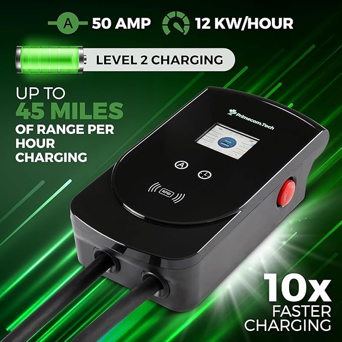 50 Amp - PRIMECOM.TECH Level-2 Smart Electric Vehicle Home Charging Station 220 Volt for Tesla and All EV Brands 30' Feet Length (NEMA 6-50p, 18 Feet)