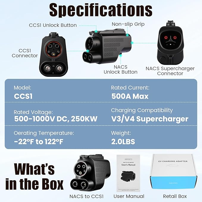 NACS to CCS1 Charger Adapter Compatible with Tesla Superchargers, UL2252 Certification Electric Vehicle Adapter with Interlock (500A/1,000V), Fast Charge for Electric Vehicle
