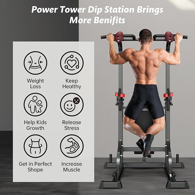 Power Tower Dip Station Pull Up Bar for Fitness Home Gym Workout,Multi-Function Adjustable Height Fitness Strength Training Exercise Equipment,with Power Elastic Ropes (Red Black)