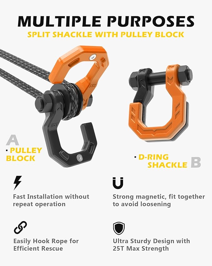 Separate D-Ring Shackle with Pulley Block, Towing Winch Snatch Block & 3/4" Separate D-Ring Shackle 2in1 Set, 57320lbs(26T) Breaking Strength, for Recovery, BlackOrange