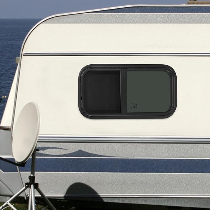 2PCs RV Window, Teardrop Horizontal Slide Black RV Window, Vertical Sliding RV Window 12" W x 24" H Horizontal Sliding Window Camper Trailer Window Horizontal Sliding Replacement Glass W/Trim Ring