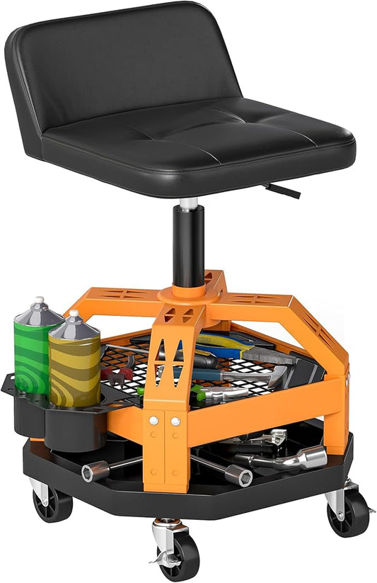 HOMCOM Rolling Mechanic Stool, 300 LBS Capacity Pneumatic Creeper Garage Stool with 360° Wheels, Backrest, Heavy Duty Roller Seat Padded Shop Chair with Tool Tray Storage, Adjustable Height (Yellow)