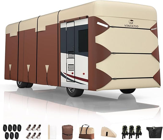 VINPATIO Class A RV Cover: Fits 34'-37' RV, Oxford Fabric Two Color Design, Heavy Duty Windproof Waterproof Class A Motorhome Cover with 3 Extra Long Straps, Gutter Covers