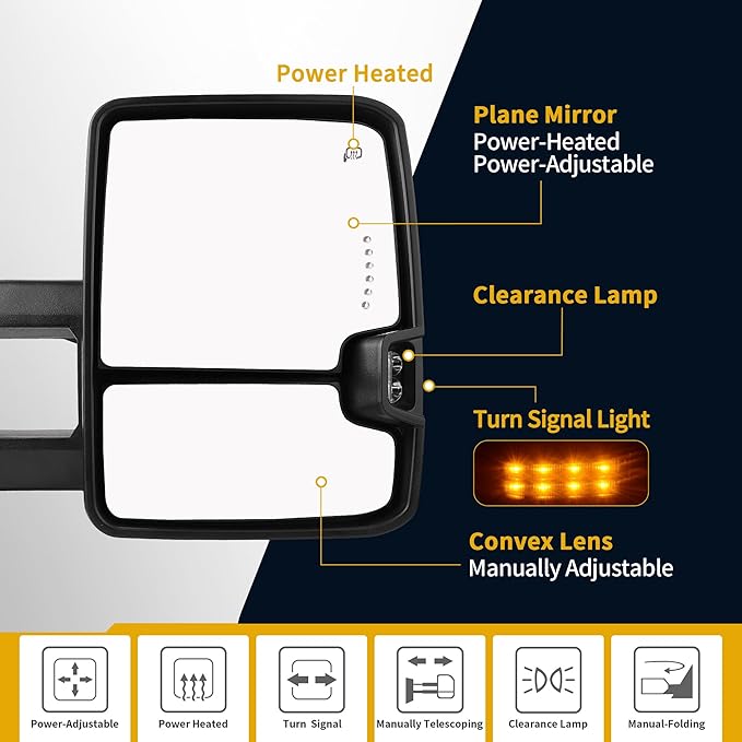 DWVO Power Heated Towing Mirrors for 2003-2006 Chevy Silverado GMC Sierra Tahoe Suburban Avalanche Yukon XL Denali Escalade | Adjustable LED Turn Signal | Chrome Finish