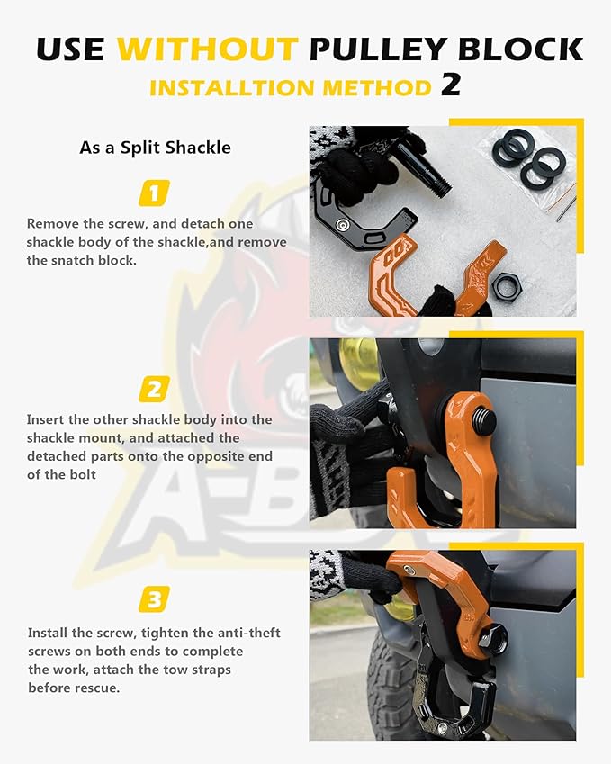 Separate D-Ring Shackle with Pulley Block, Towing Winch Snatch Block & 3/4" Separate D-Ring Shackle 2in1 Set, 57320lbs(26T) Breaking Strength, for Recovery, BlackOrange