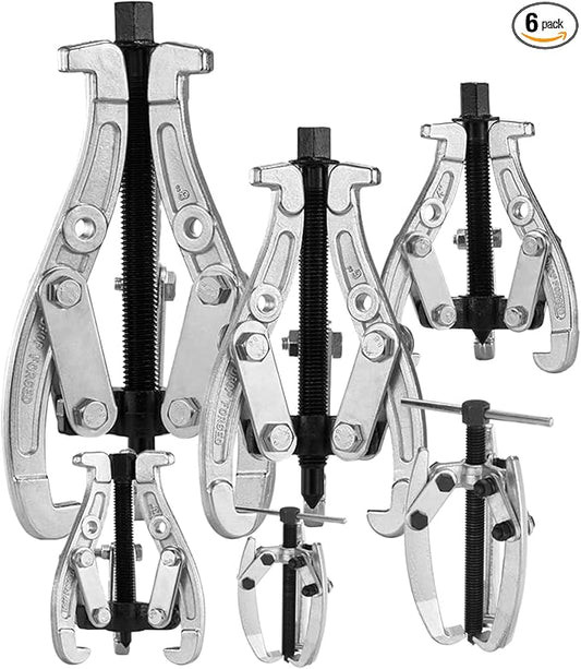 6-Piece Bearing Puller Set, 1"-8" Gear & Pulley Puller, 3-Jaw Industrial Tool with Reversible Jaws
