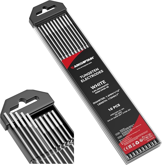 ARCCAPTAIN TIG Welding Tungsten Electrode 10-Pack 1/16"x 7"(White- 0.8% Zirconiated, WZR8/EWZr-0.8)