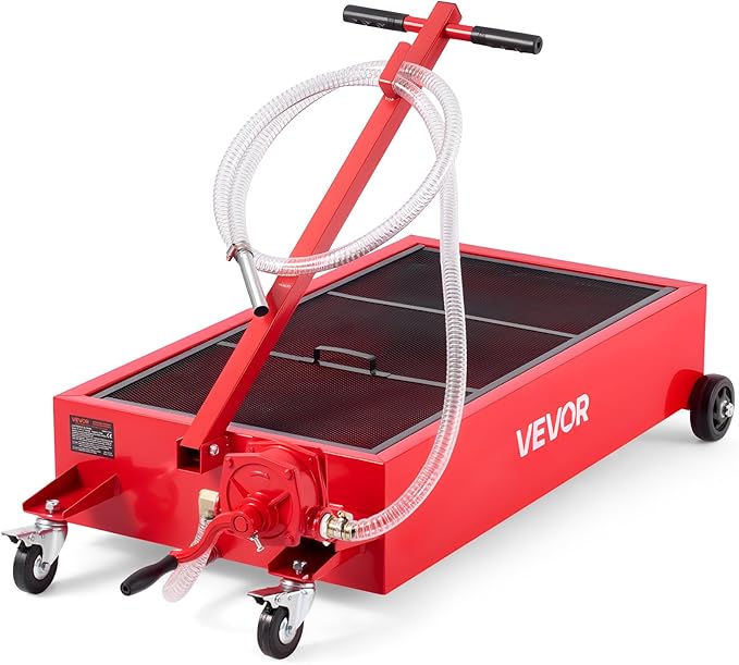 VEVOR Low Profile Oil Drain Pan, 20 Gallon Capacity, Rolling Oil Drain Pan with Manual Pump, 7.2 ft Hose & T Folding Handle, Leak-Proof & Corrosion-Resistant, Fit for Cars, SUVs, Trucks, ATVs, Red