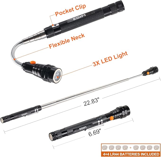 Gifts for Him, LED Magnetic Pickup Tools, Telescoping Magnetic Flashlight Pick Up Tool, Christmas Stocking Stuffers for Men Adults, Unique Cool Gifts for Men, Dad, Husband, Black