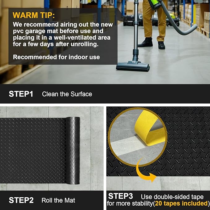 7.5x25 FT Garage Floor Mat, Updated 2.8mm Thicked Flooring Roll with 20Pcs Tapes, 188 sqft Diamond Plate PVC Rubber Trailer Mat, Non-Slip Floor Protector Mat for Garage Warehouse Gyms (Matte Black)