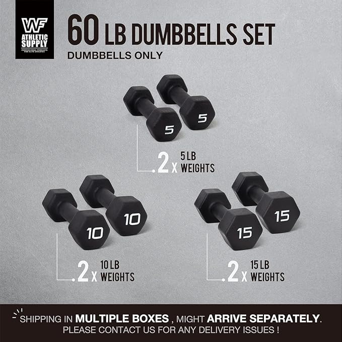 WF Athletic Supply Black Neoprene Dumbbell Set, Non-Slip & Hex Shape, Great for Muscle Toning, Strength Building & Weight Loss; Sizes, Dumbbells Only & w/Rack Options Available
