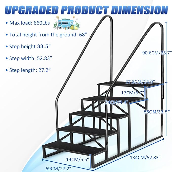 5 Step RV Steps with 2 Handrails,Update 3.0 Outdoor RV Stairs with Anti-Slip Pedals,Spa Steps for Travel Trailers,Heavy Duty Mobile Home Stairs for Camper, Porch, Spa