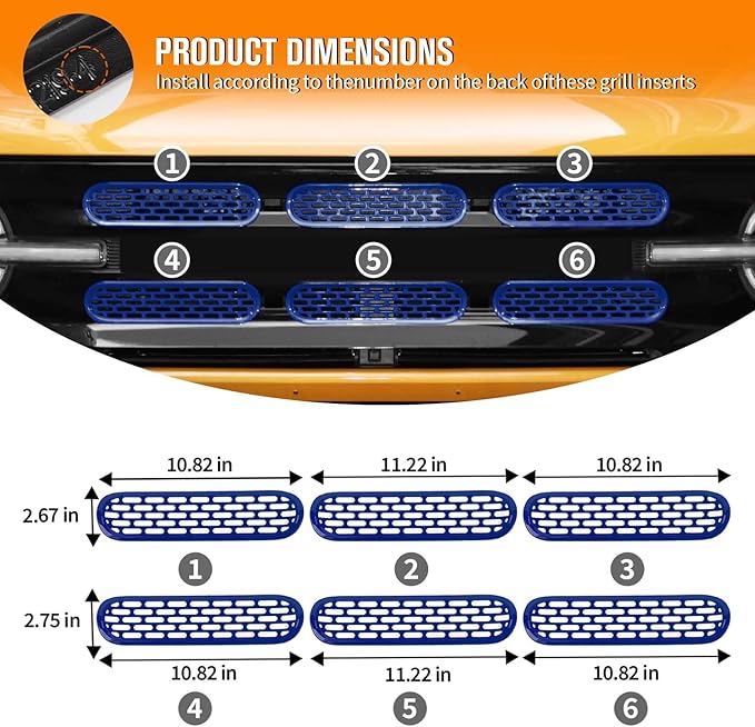Jimen Compatible with Ford Bronco 2021-2023, 6PCS Front Grille Inserts Mesh Grill Cover Exterior Trim Accessories (Dark Blue)