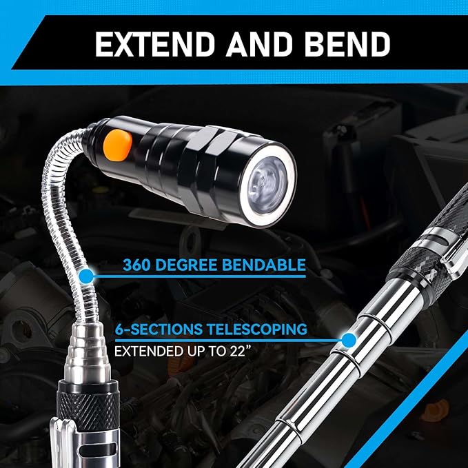 Telescoping Magnet Pickup Tool with 3 LED Magnetic Flashlight, Christmas Stocking Stuffers for Men Adults, Cool Gadgets Birthday Gifts for Men, Dad, Husband, Boyfriend