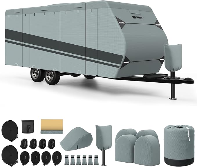 Kohree Travel Trailer Cover 22-24 ft with 8 Enlarged Vents, Sturdy & Waterproof & Anti-UV RV Camper Cover Kit with Front & Back Sign for All Weather Protection B