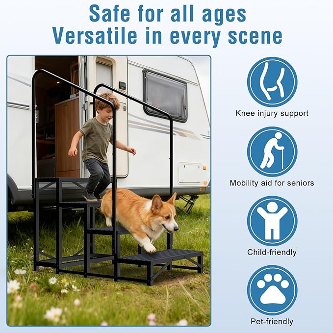 RV Steps with Handrail, 4 Steps RV Stair, Mobile Home Stairs for Camper, Trailer, hot tub, Steps with Non-Slip mat, 660lbs Capacity