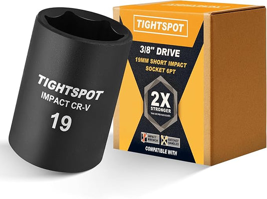 TIGHTSPOT 3/8 Inch Drive 19mm Shallow Impact Socket with Anti-Rounding 6 Point Design, Heat-Treated CRV Steel