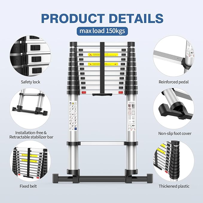 12.5FT Telescoping Ladder, 330lb Capacity Aluminum Heavy-Duty Extension Ladder with Anti-Slip Steps for Secure Attic Access, Roof, and Home Renovation Projects