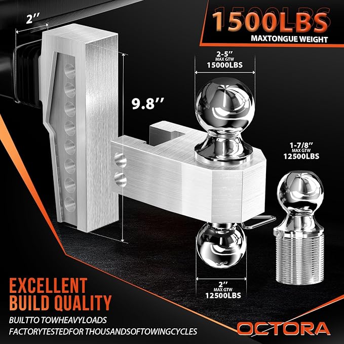 Adjustable Trailer Hitch (Fits 2-Inch Receiver) - Aluminum Tow Hitch with 6-Inch Drop/Rise for Truck (12,500 LBS GTW) - Double Anti-Theft Locking Hitch Pins (Silver, 2.0inch-6Drop-Tri Ball)