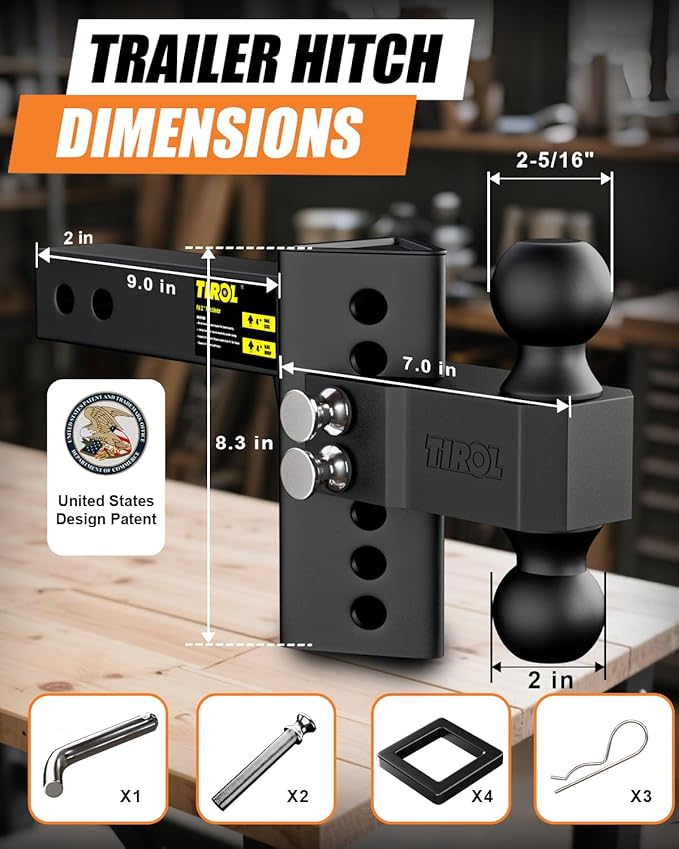 TIROL Adjustable Trailer Hitch - Fits 2'' Receiver 4 Inch Drop/Rise for Truck Hitch, 2'' & 2-5/16'' Ball Hitch, 22000 LBS GTW, Heavy Duty Towing Ball Mount, RVs, Campers, Boat Trailers