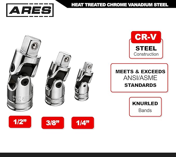 ARES 71270-10-Piece Socket Accessory Set - Premium Chrome Vanadium Steel with Mirror Finish - Includes Socket Adapters, Extensions and Universal Joints