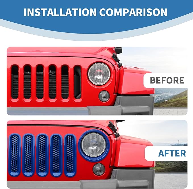 for Jeep JK Front Grille Inserts & Headlight Cover Trim Ring for Jeep Wrangler JK JKU 2007-2017 Blue Exterior Accessories 9pcs